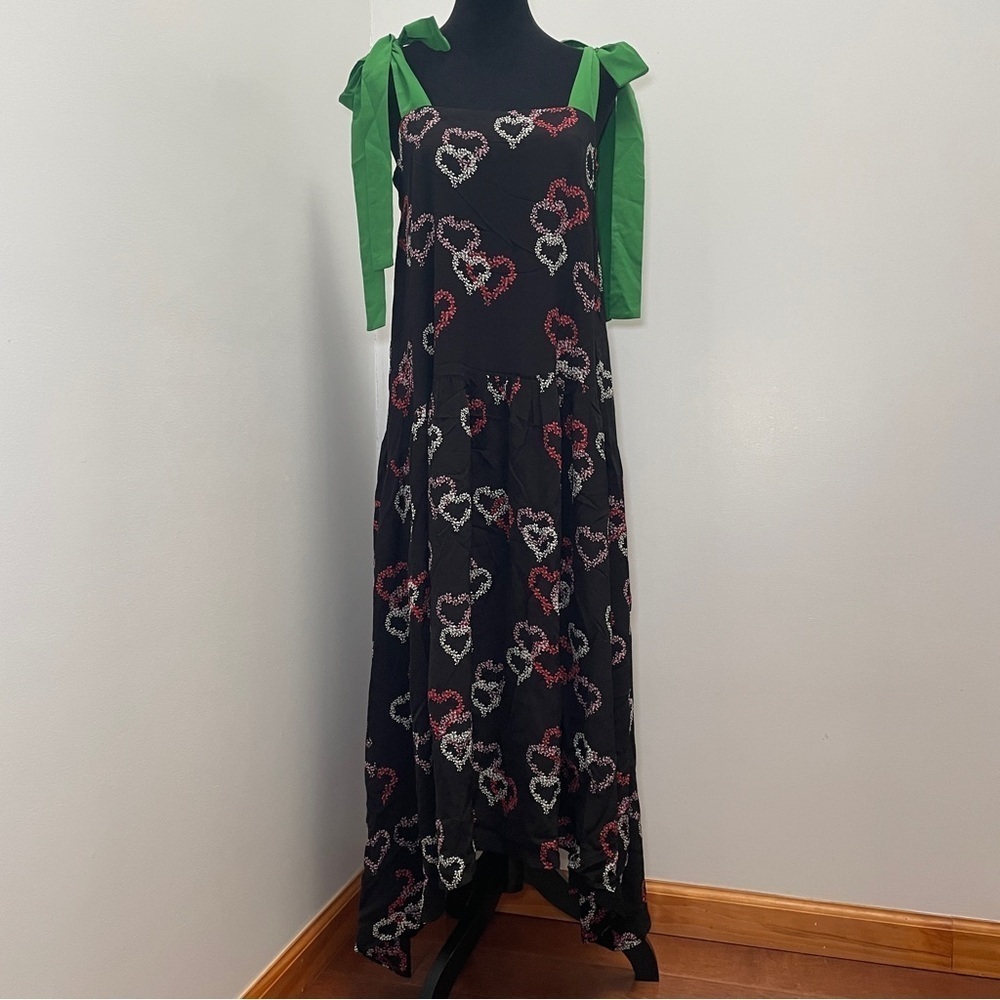 Sandro- Delicate Heart-Motif Midi Dress With Green Straps Size Medium - Picture 6 of 16